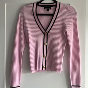 Perfect Express pink sweater with black trimming and gold buttons down front